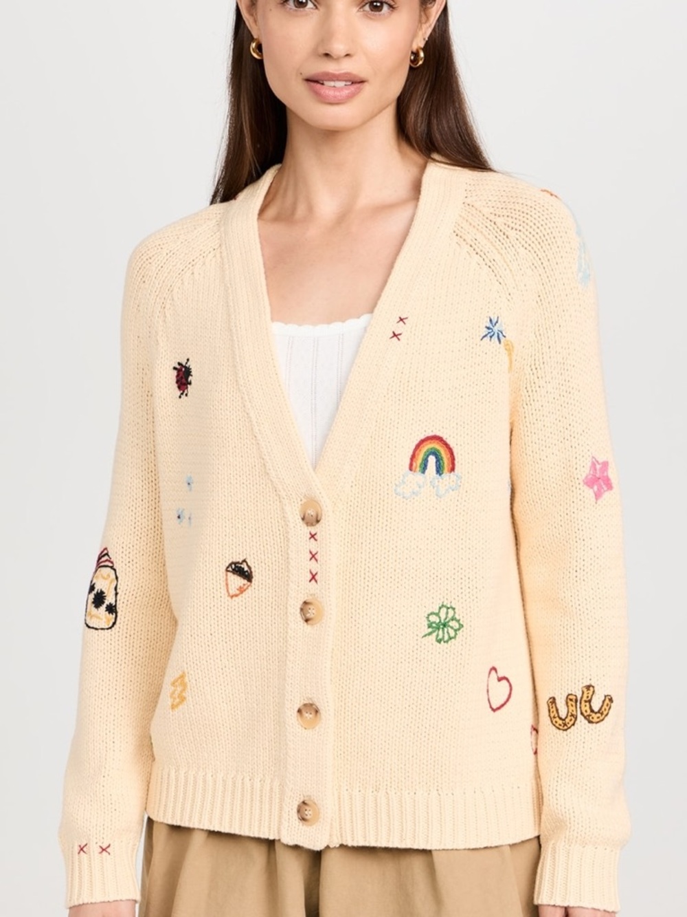 THE GREAT Charm Cardigan Embroidered Knit Cream Button Front Size 0 XS